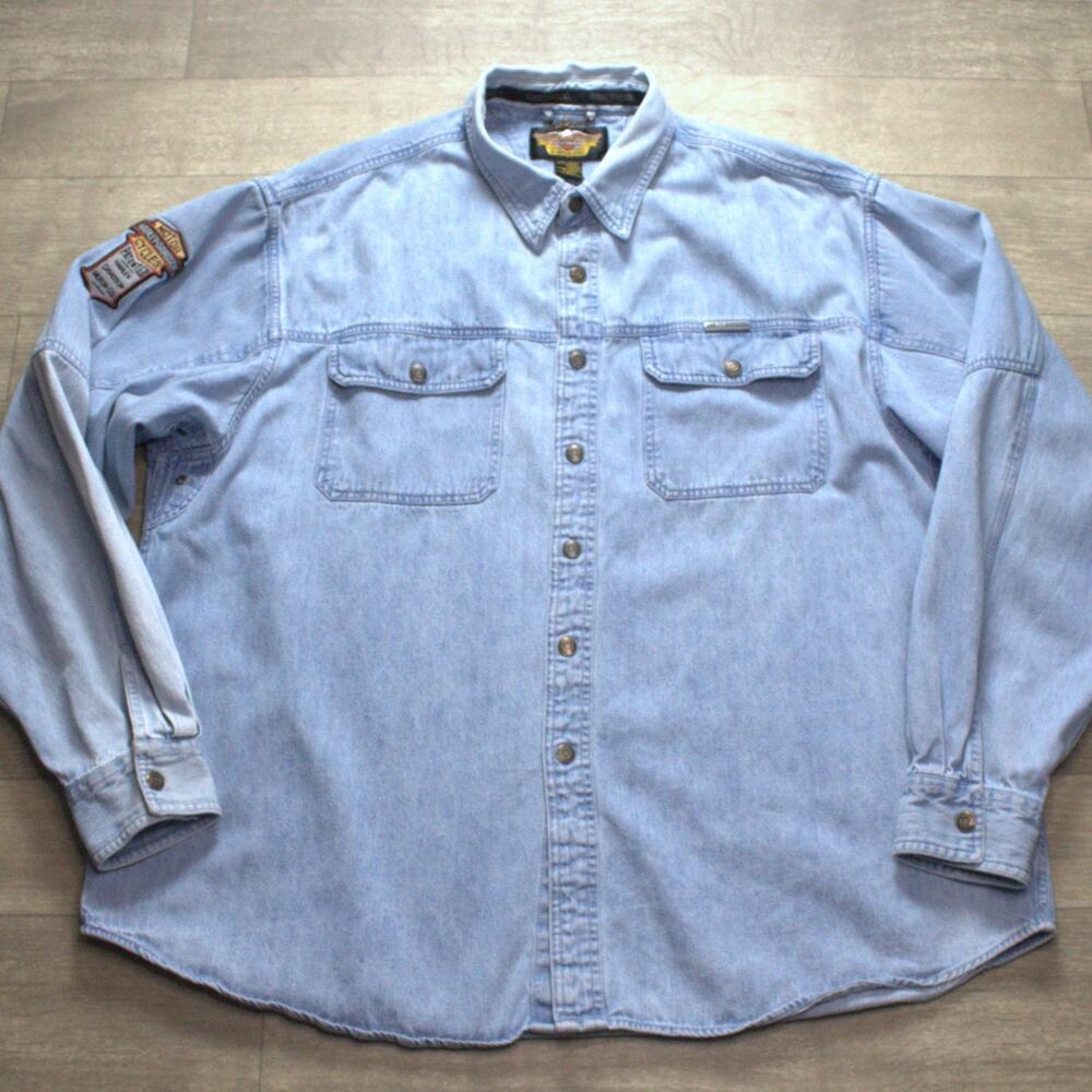 Harley Davidson Denim Snap Shirt Mens XXL Long Sleeve Biker Western Patch